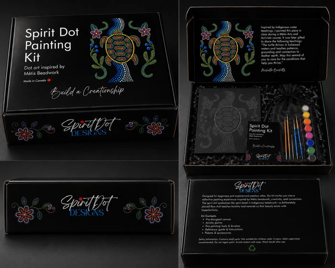 Spirit Dot Painting Kit box, closed and open, showing the canvas, paints, brushes and dotting tools