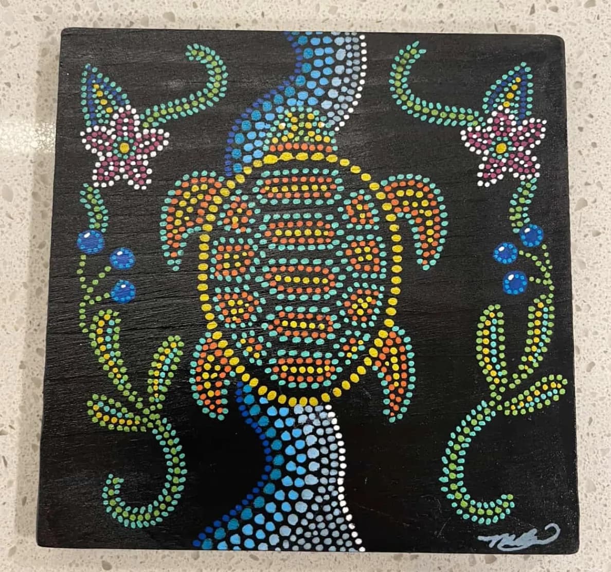 Turtle water teaching, a dot painting of a turtle surrounded by flowers and berries on a flowing river